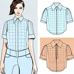 short-sleeved light blue plaid blouse with puffed shoulders image